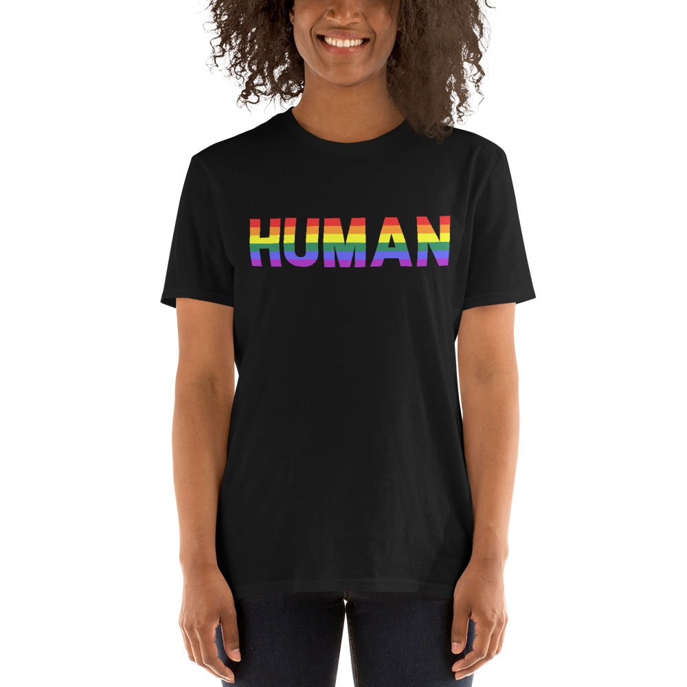 LGBTQ Shirt, Gay Shirt, Identify as Human, Pride Shirt, Love is Love, Happy, Joy, Gay Pride, Rainbow, Short-Sleeve Unisex T-Shirt