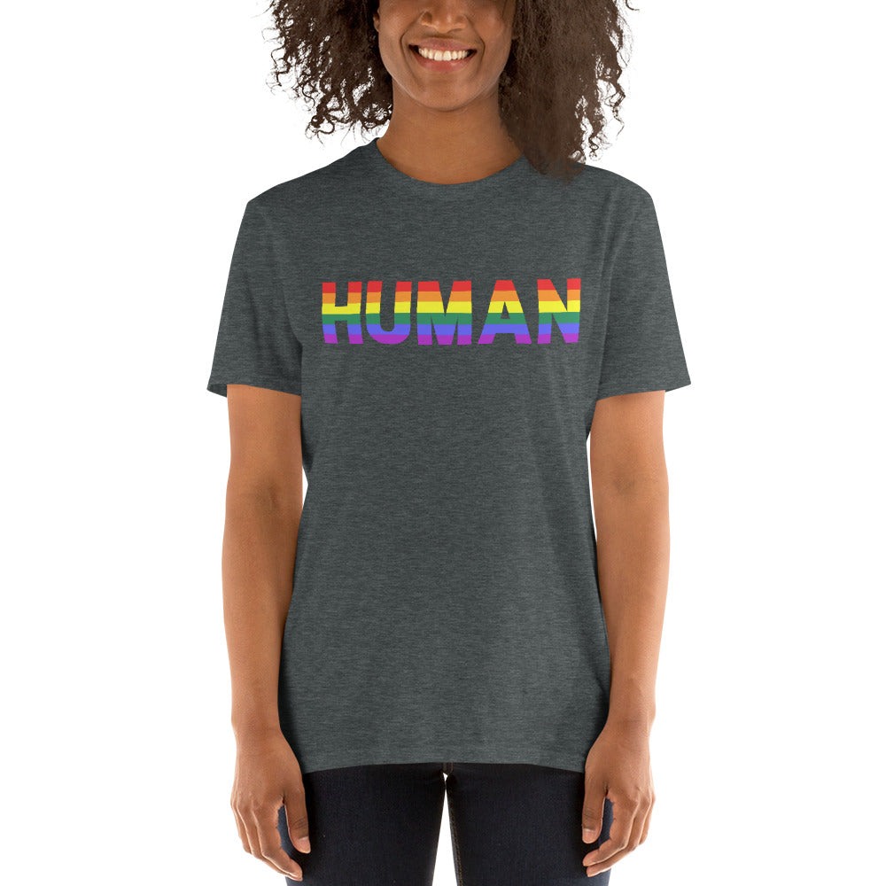 LGBTQ Shirt, Gay Shirt, Identify as Human, Pride Shirt, Love is Love, Happy, Joy, Gay Pride, Rainbow, Short-Sleeve Unisex T-Shirt
