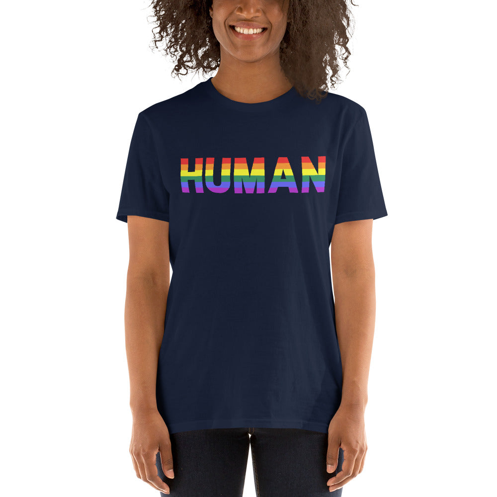 LGBTQ Shirt, Gay Shirt, Identify as Human, Pride Shirt, Love is Love, Happy, Joy, Gay Pride, Rainbow, Short-Sleeve Unisex T-Shirt