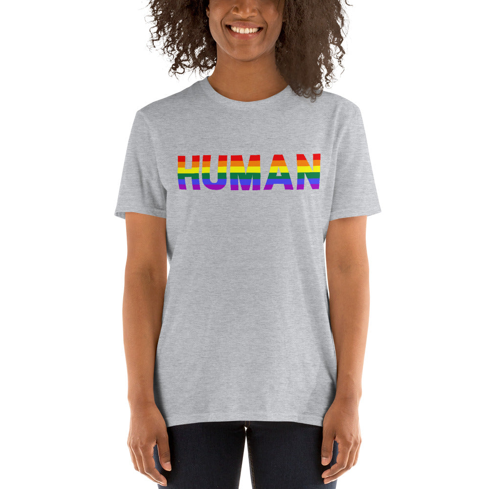 LGBTQ Shirt, Gay Shirt, Identify as Human, Pride Shirt, Love is Love, Happy, Joy, Gay Pride, Rainbow, Short-Sleeve Unisex T-Shirt