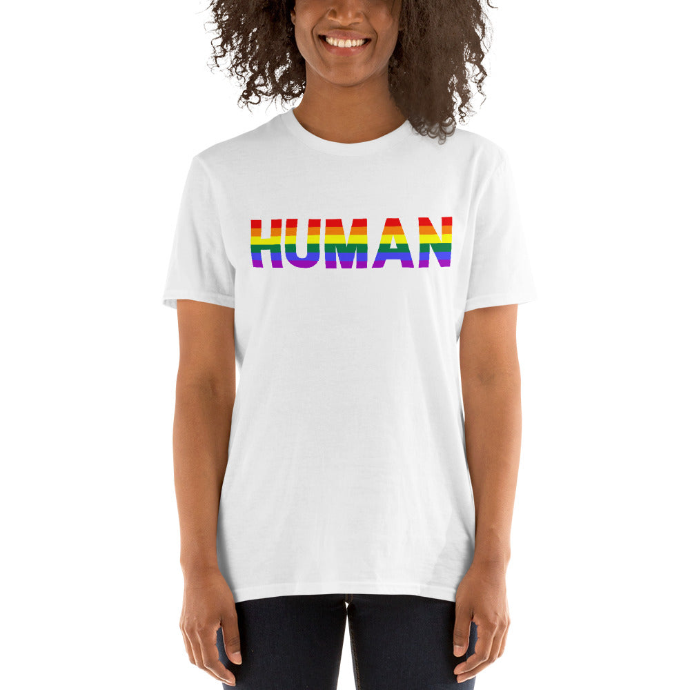 LGBTQ Shirt, Gay Shirt, Identify as Human, Pride Shirt, Love is Love, Happy, Joy, Gay Pride, Rainbow, Short-Sleeve Unisex T-Shirt