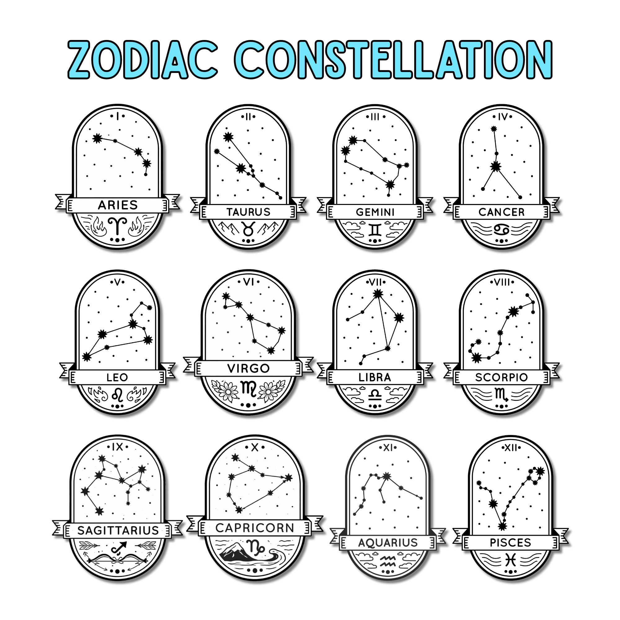 Twelve graphics for each zodiac constellation with the text "ZODIAC CONSTELLATION" at the top.
