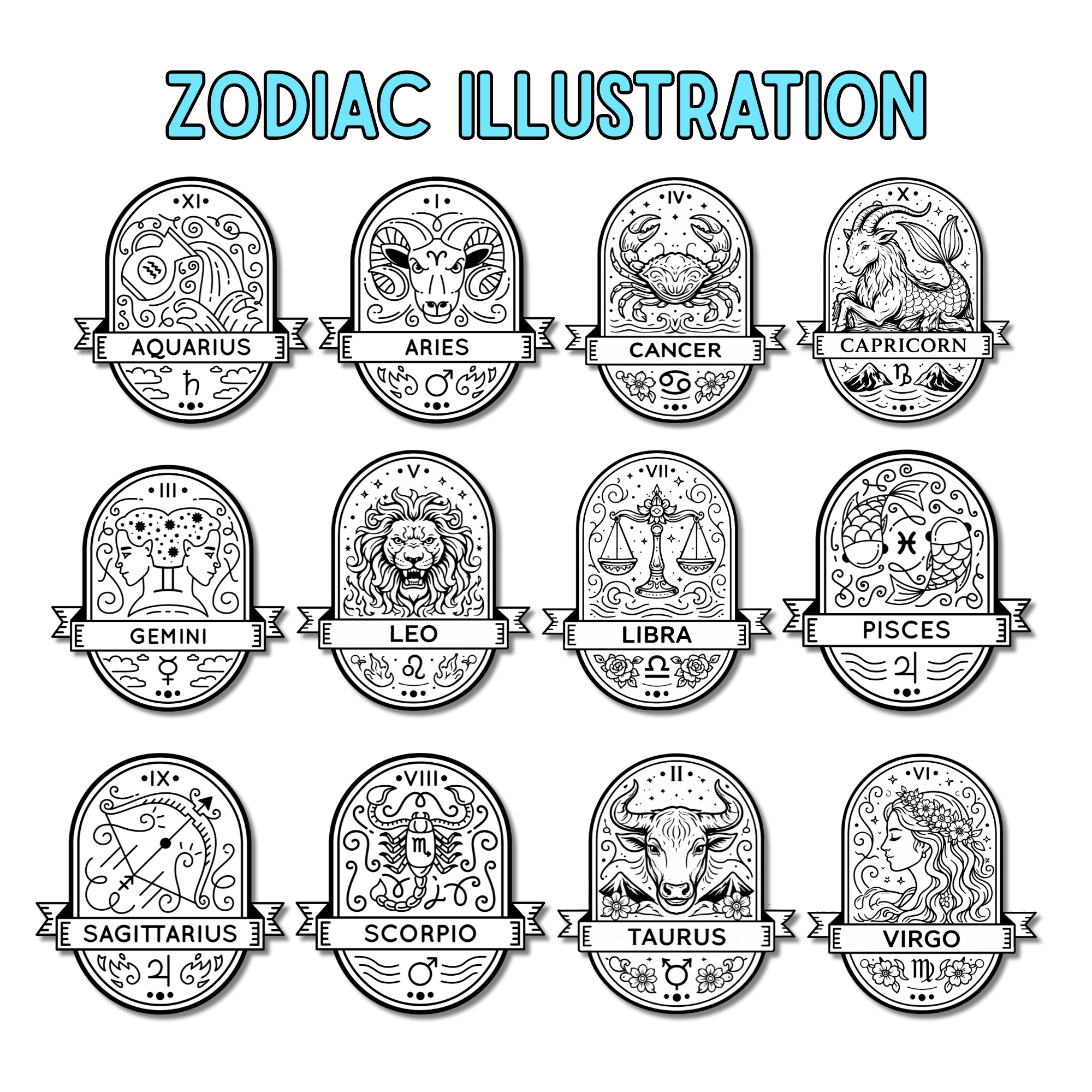 Twelve graphics for each zodiac sign with the text "ZODIAC ILLUSTRATION" at the top.