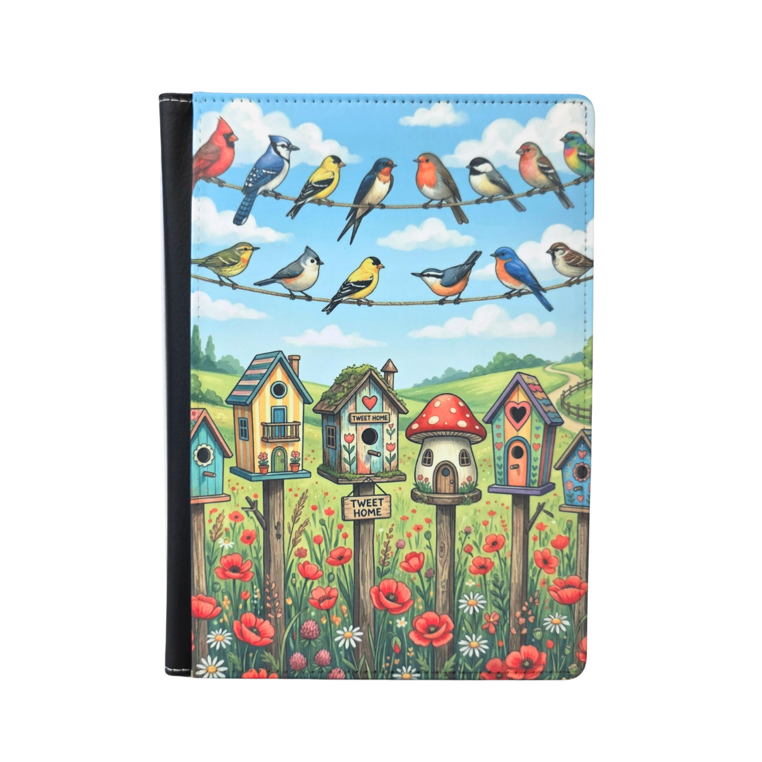 Notebook with a colorful design of birds on a wire and birdhouses.