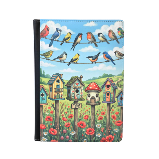 Notebook with a colorful design of birds on a wire and birdhouses.