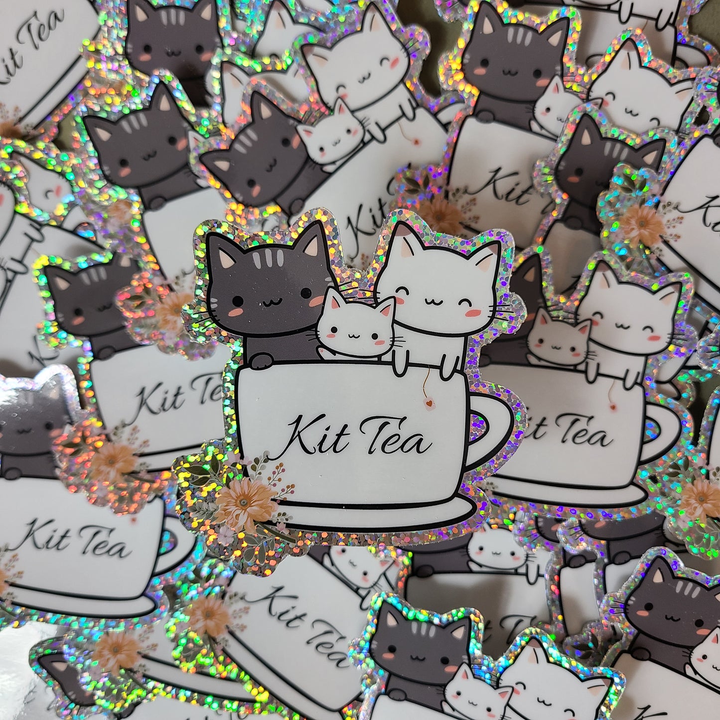 Cute Cat Sticker, Kit Tea Glitter Sticker, Kittens, Cat Lover Gift, Laptop Stickers