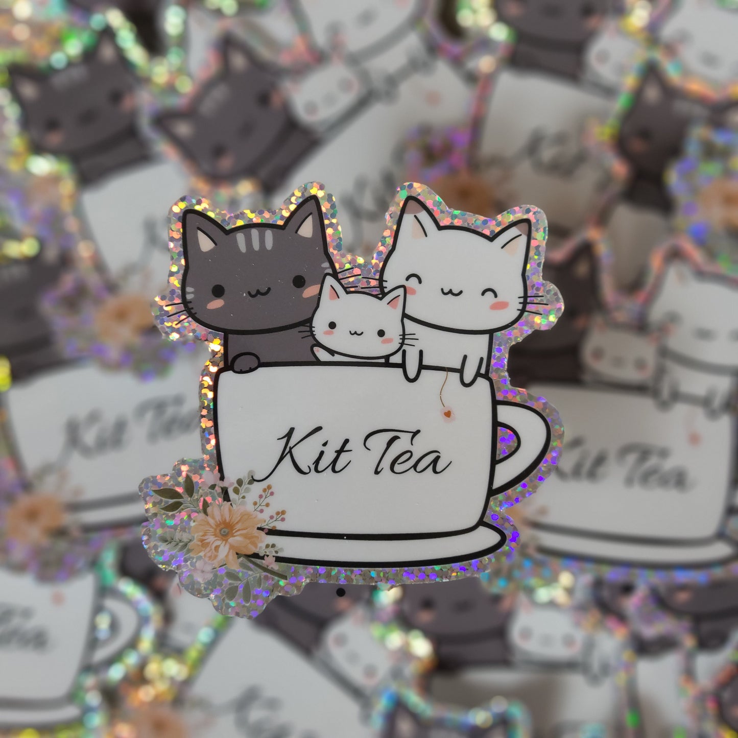 Cute Cat Sticker, Kit Tea Glitter Sticker, Kittens, Cat Lover Gift, Laptop Stickers