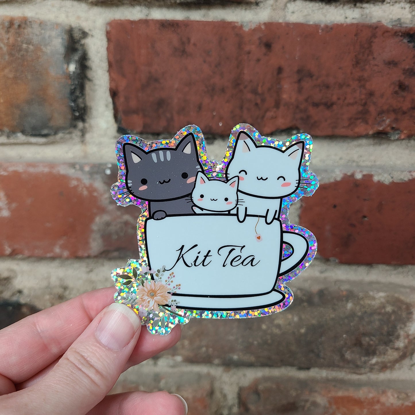 Cute Cat Sticker, Kit Tea Glitter Sticker, Kittens, Cat Lover Gift, Laptop Stickers