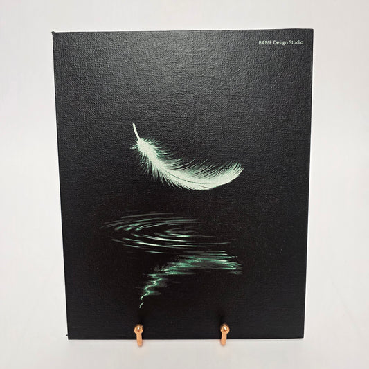 A green feather floating down with a ripple of water beneath it. Black background with green accents.