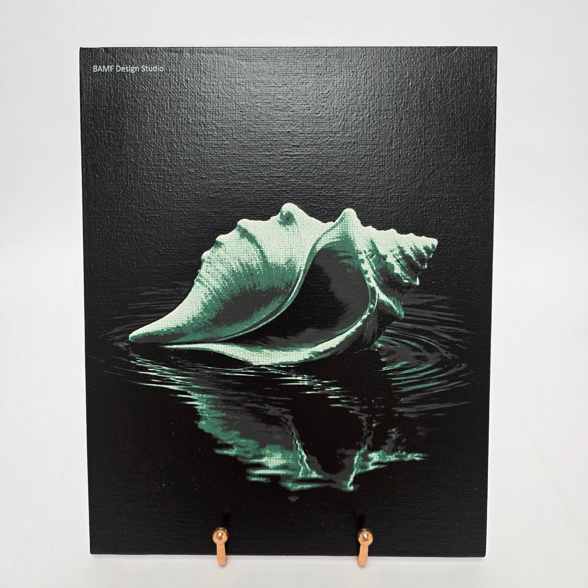 Canvas print of a conch shell on water with water ripples around it. Black and green accents.
