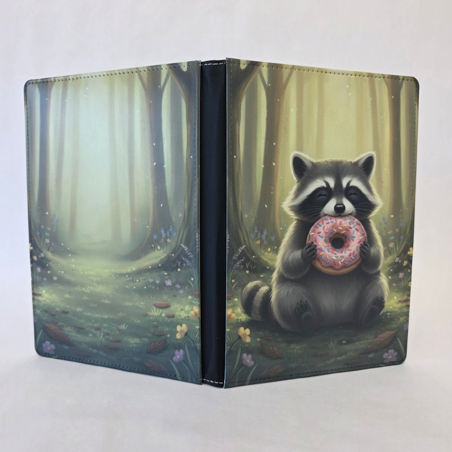 Notebook cover with illustrated raccoon holding a donut with a forest background on the front cover. A forest background on the back cover.