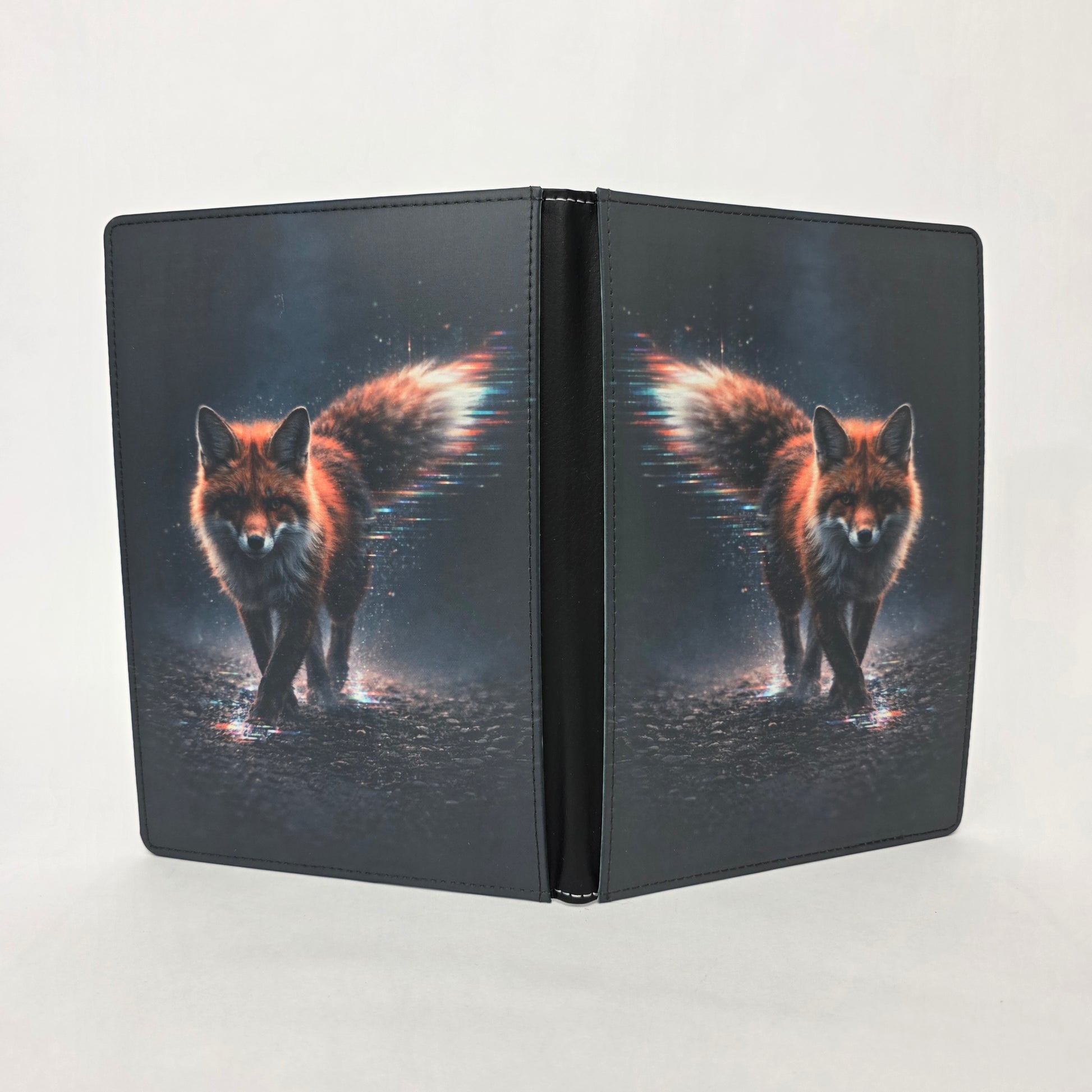 Faux leather journal with a fox image on front, with a white background.