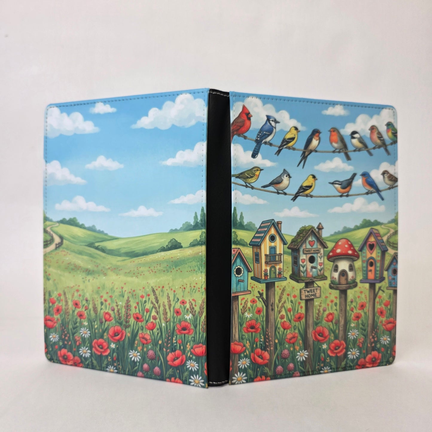 Notebook with a colorful design of birdhouses, birds, and flowers on a white background