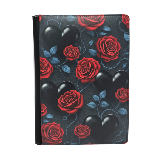 Journal cover with red roses and black hearts on a dark background. Vines and leaves curving around the hearts and roses.