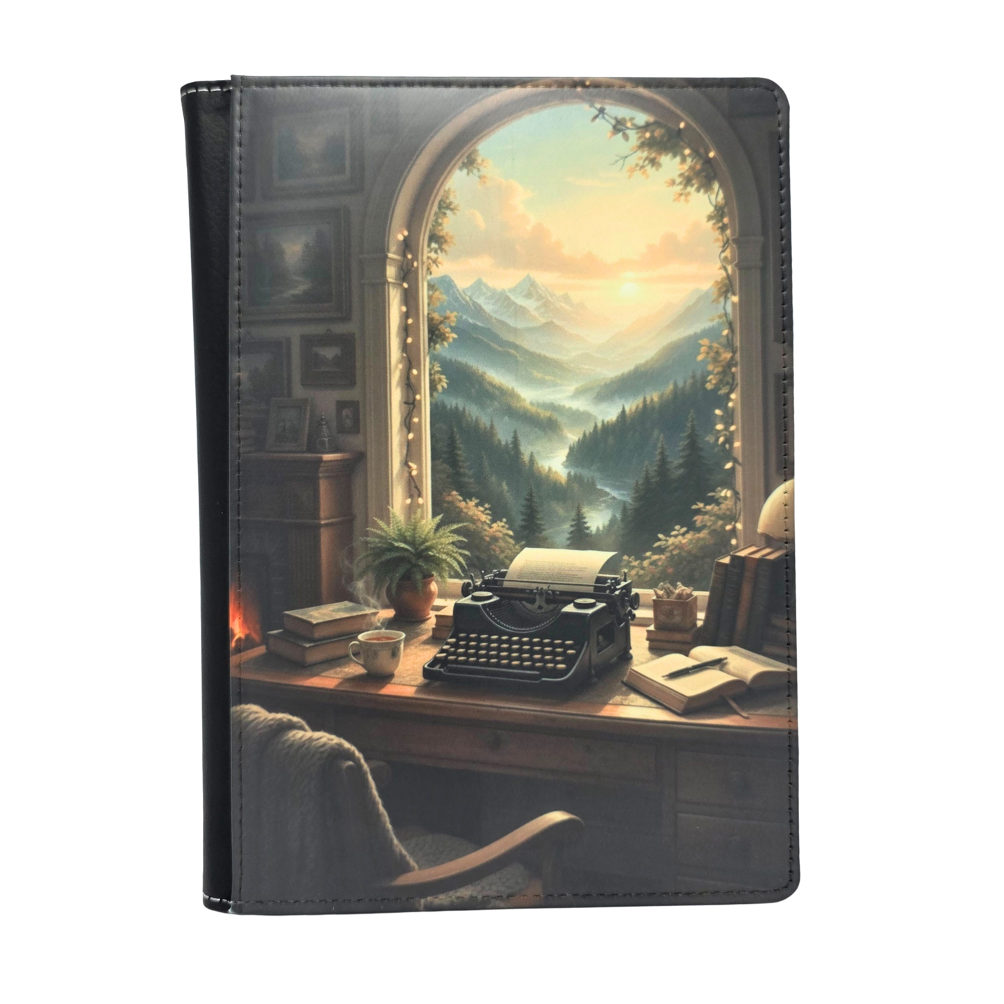 Notebook cover with a typewriter and scenic mountain view design
