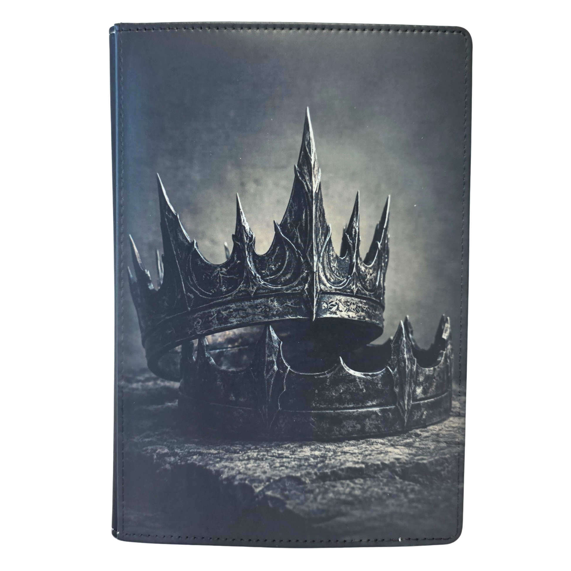 Journal cover with a detailed iron crown design.