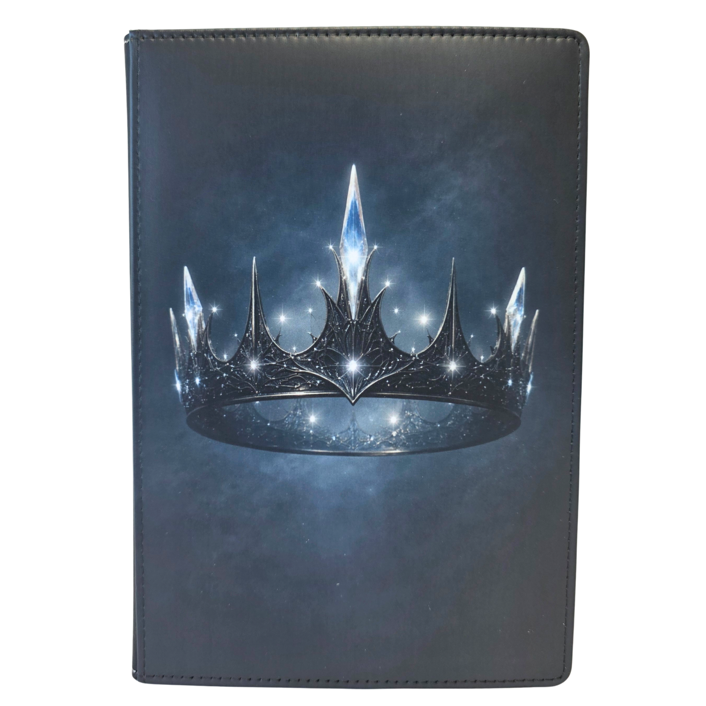 Journal cover with a floating metal crown donned with crystals.