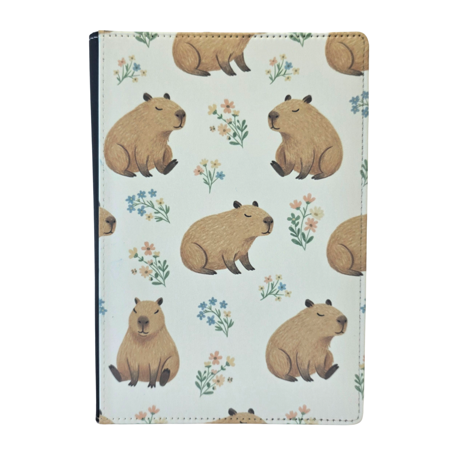 Notebook cover with capybara pattern on a light cream background