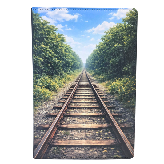 Notebook cover with a design of train tracks surrounded by trees and blue sky.