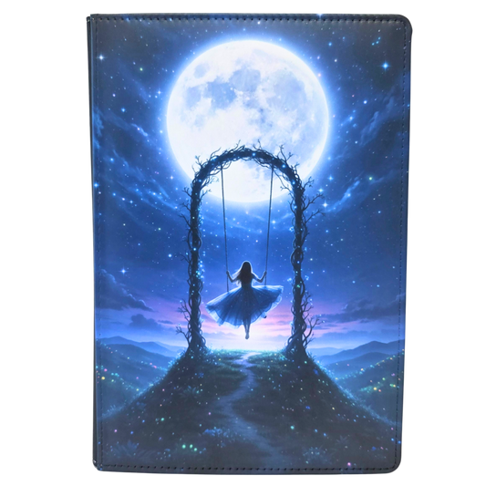 Notebook cover with a fantasy design of a woman on a swing under a large moon.