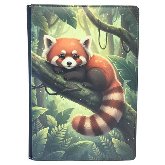 Notebook cover with a red panda  with a forest background