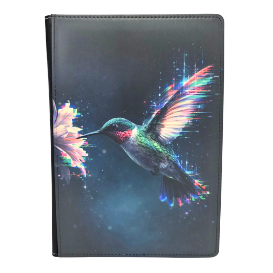 Faux leather journal cover with glowing hummingbird design on a white background