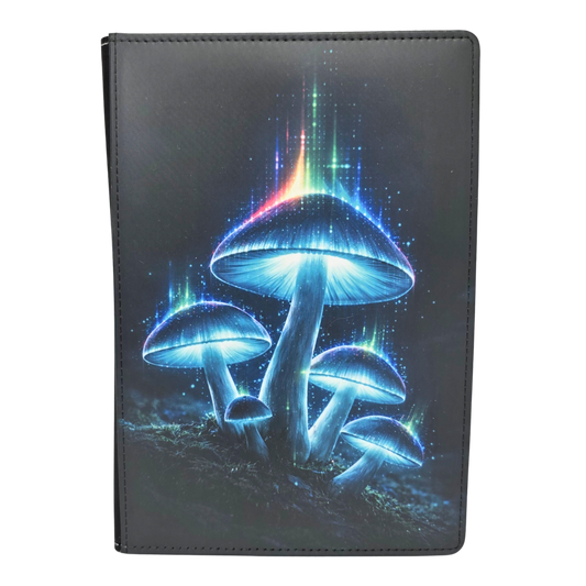 Faux leather journal cover with glowing blue mushrooms design on a white background