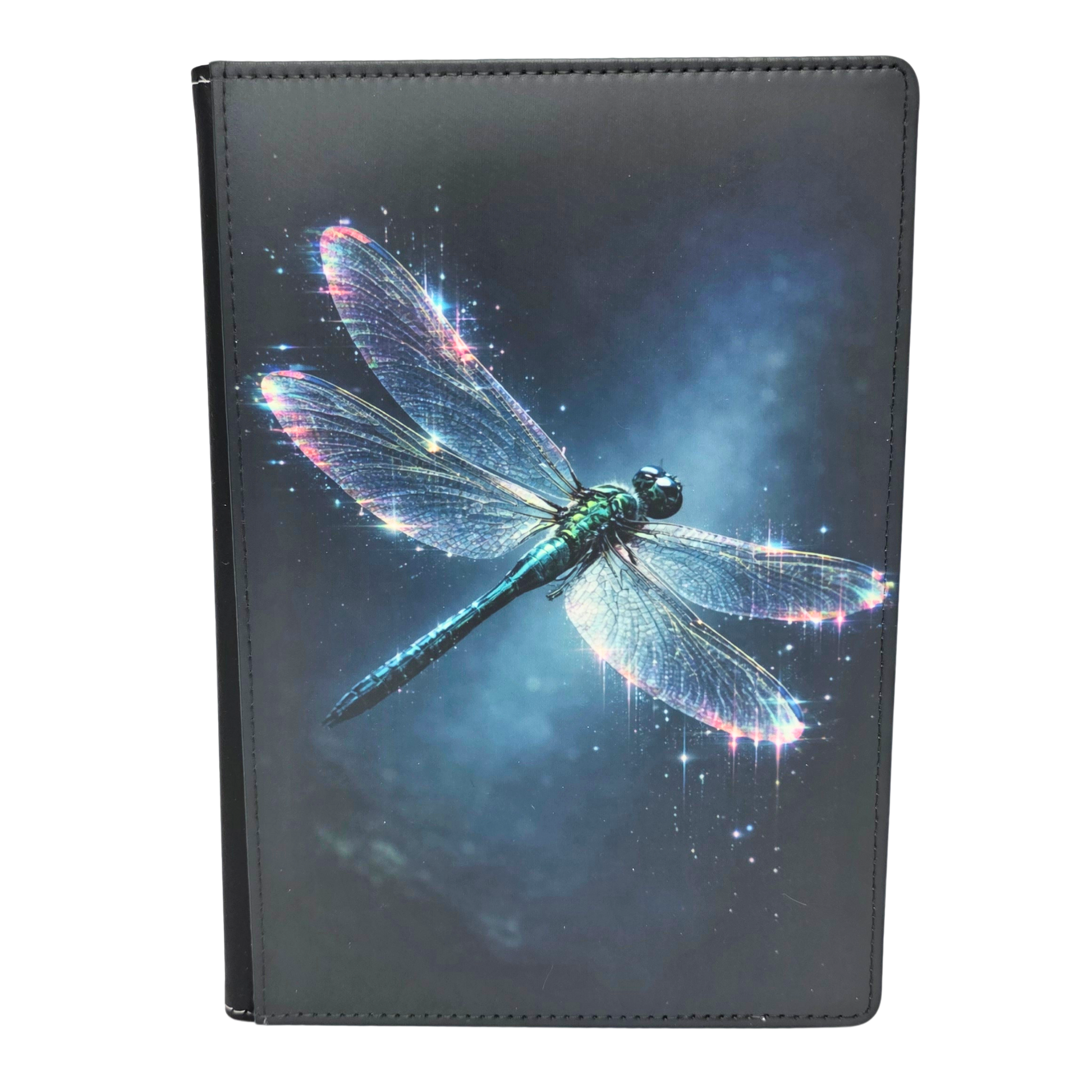 Faux leather journal with dragonfly image on front, with a white background.