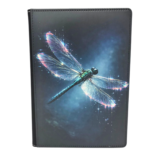 Faux leather journal with dragonfly image on front, with a white background.