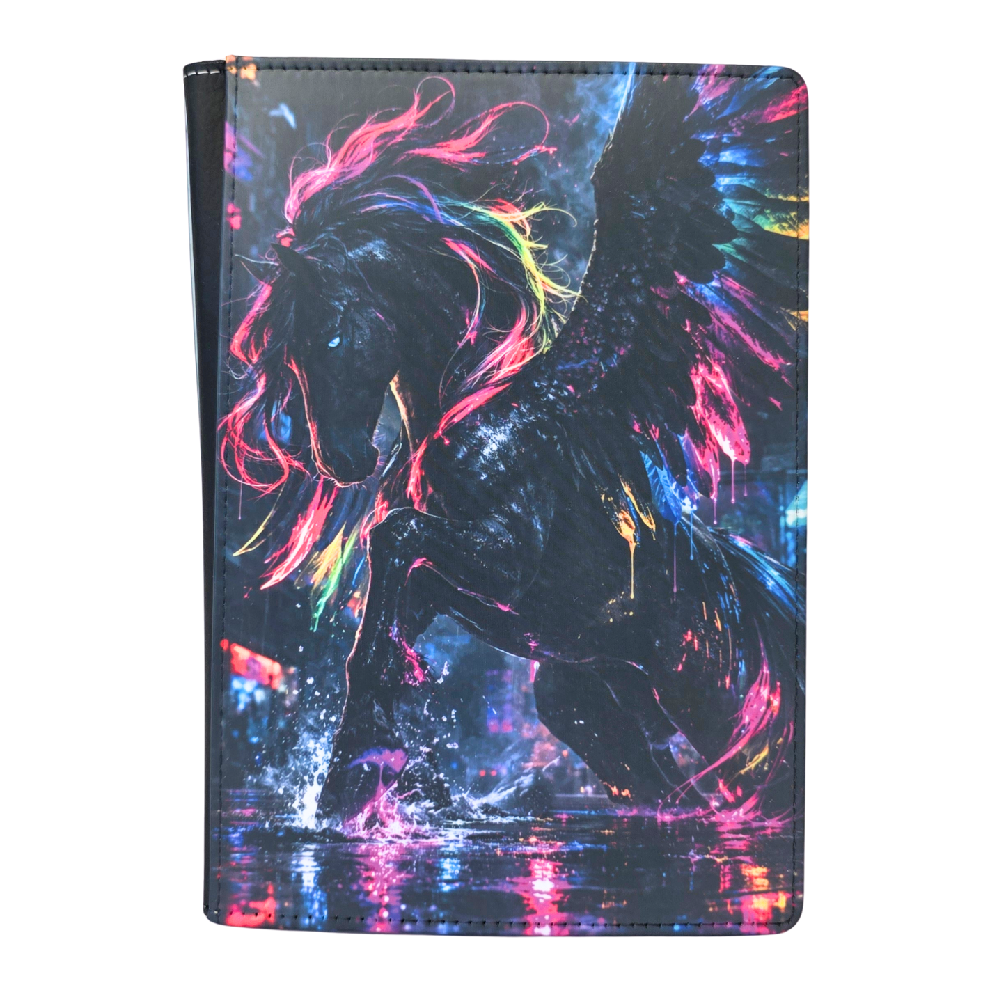 Colorful notebook cover with a silhouette design of a pegasus on a white background