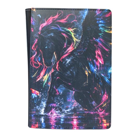 Colorful notebook cover with a silhouette design of a pegasus on a white background