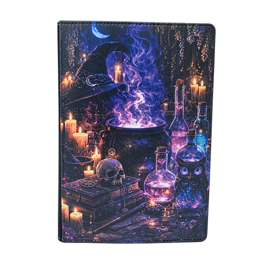 Magical potion and witch hat design on a journal on a white background.
