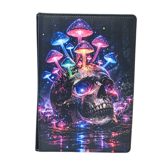 Skull and colorful mushrooms design on a journal cover on a white background