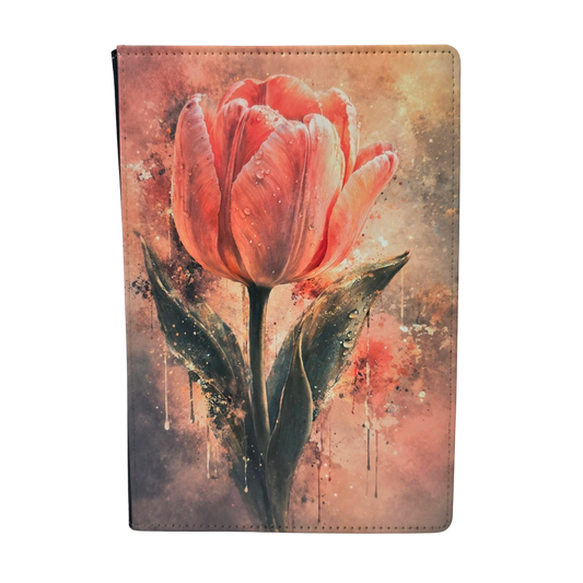 A journal cover with a pink tulip flower.