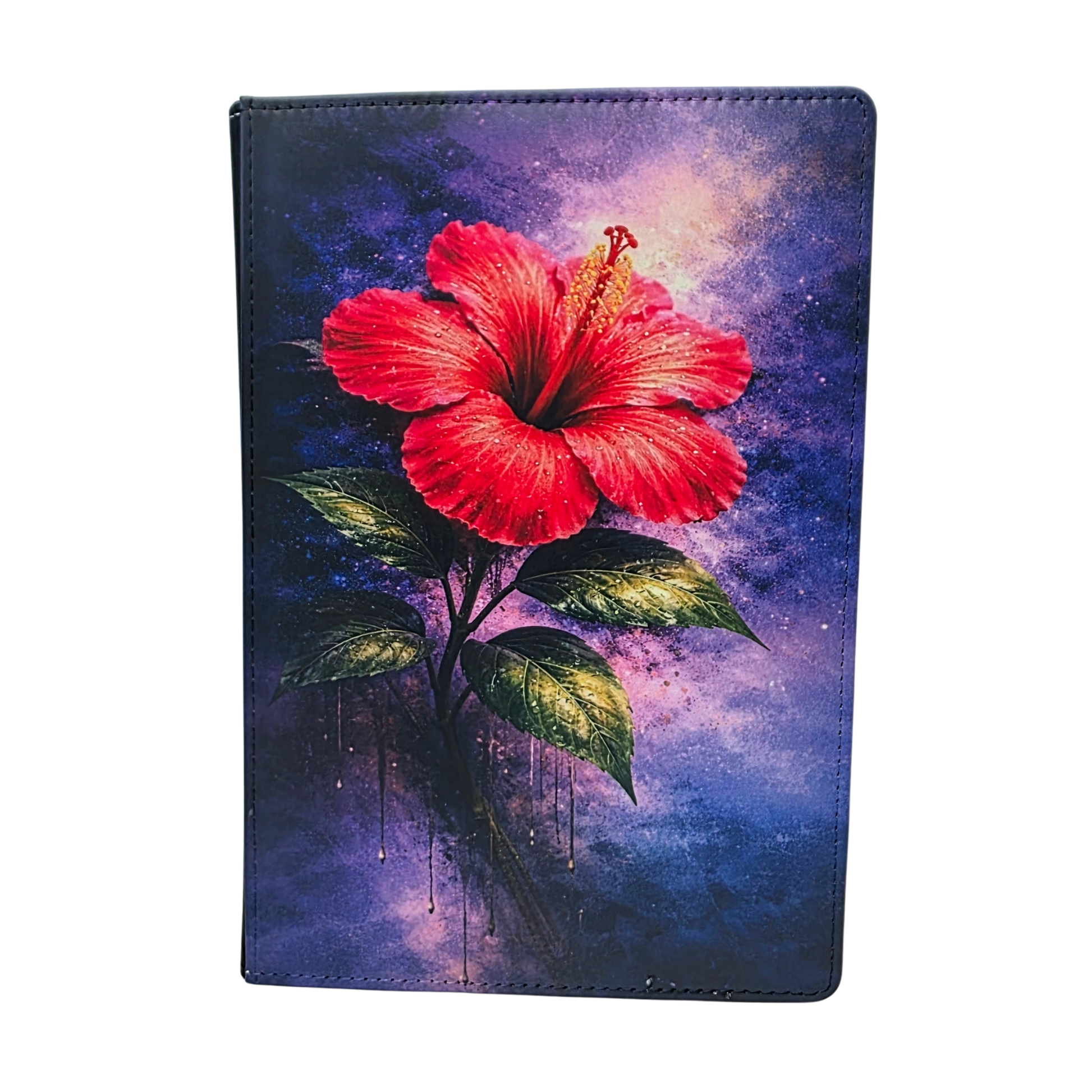 A journal cover with a pink hibiscus flower on a purple background.