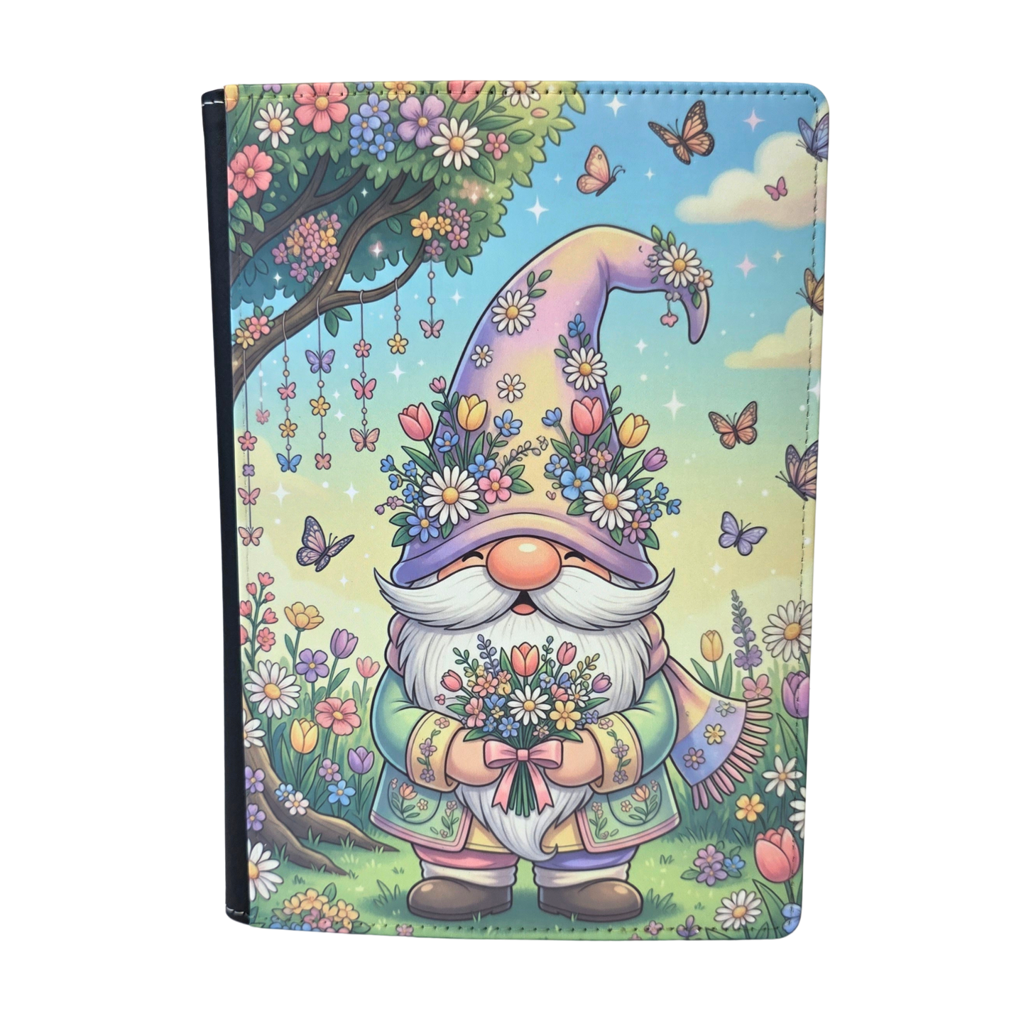 A journal cover with a colorful gnome standing under a tree.