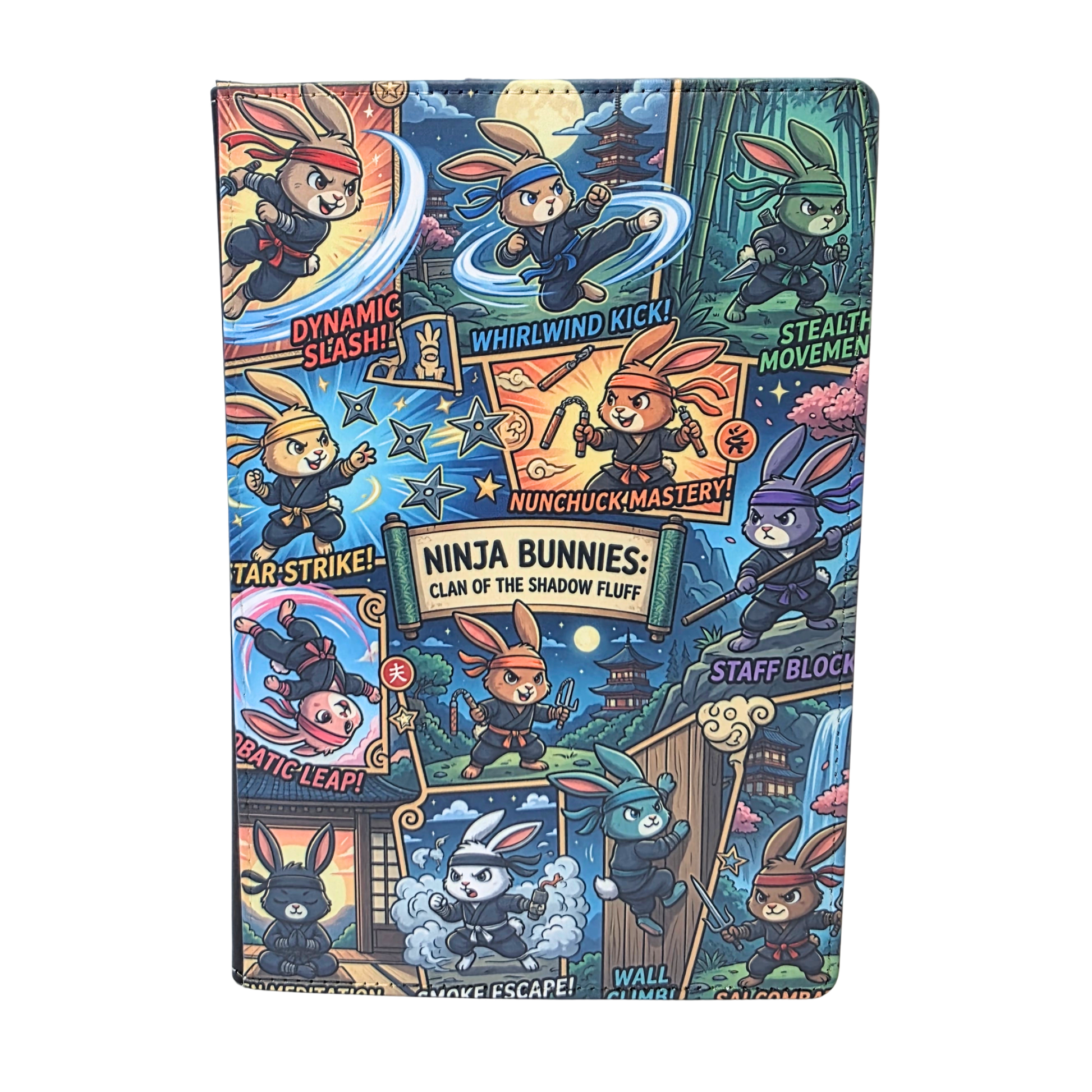 A journal cover designed like a comic book with ninja bunnies.