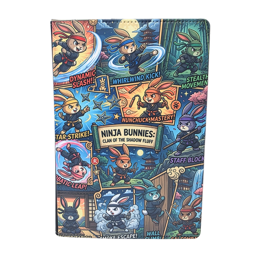 A journal cover designed like a comic book with ninja bunnies.