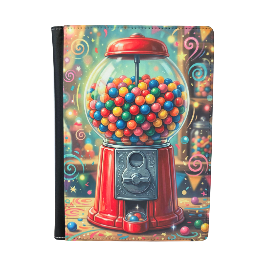 Notebook cover with a colorful gumball machine design on a white background