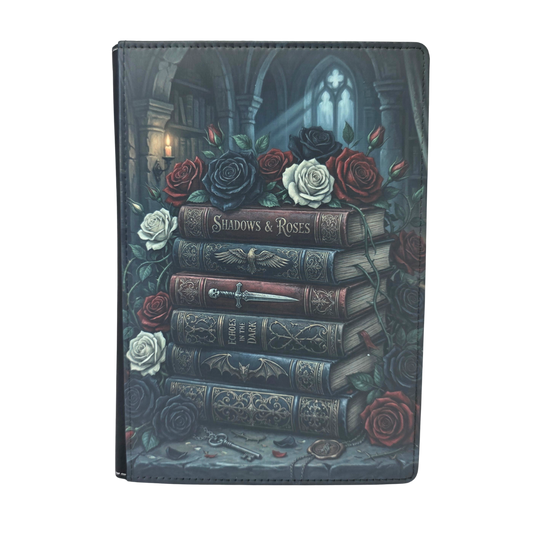 Notebook cover with books and roses design on a white background