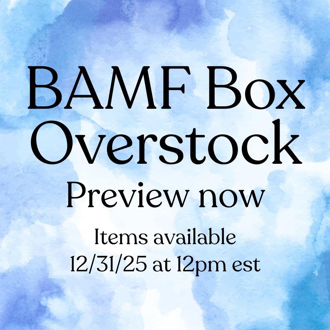 Promotional text for BAMF Box Overstock on a blue watercolor background