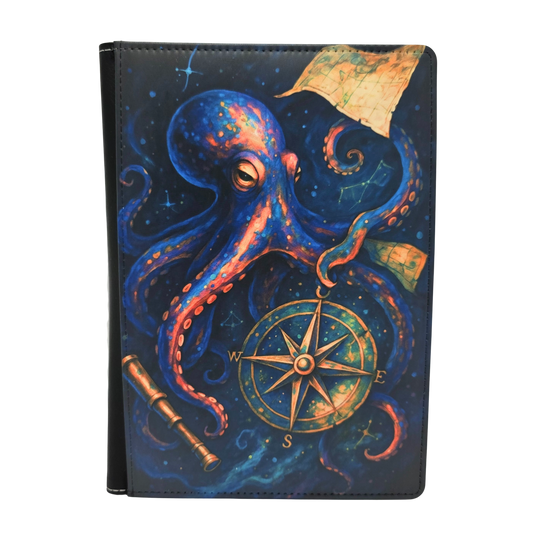 Notebook cover with a blue octopus, compass, and telescope design on a dark background
