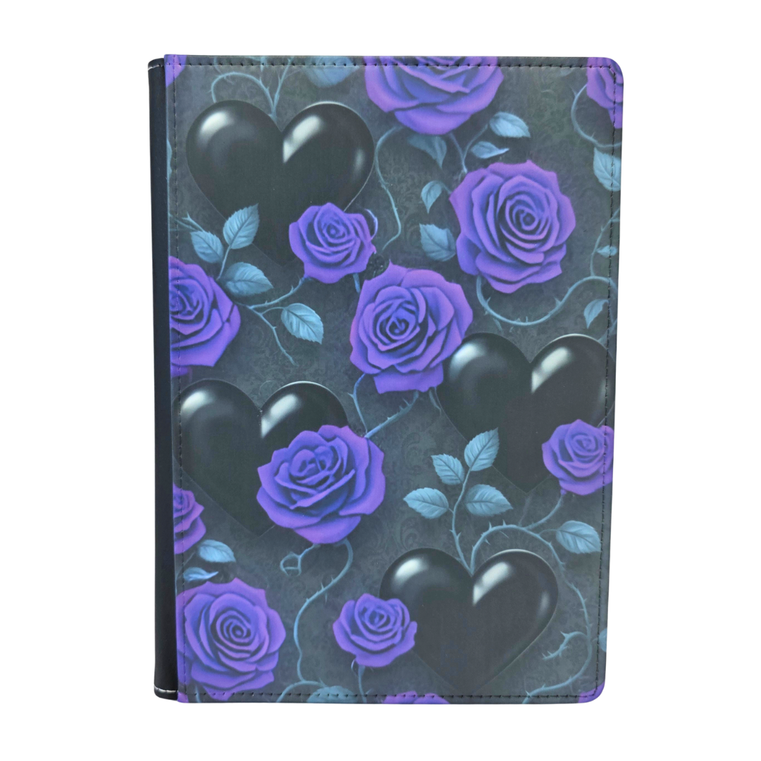 Notebook cover with purple roses and black hearts on a dark background