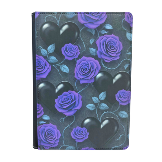 Notebook cover with purple roses and black hearts on a dark background