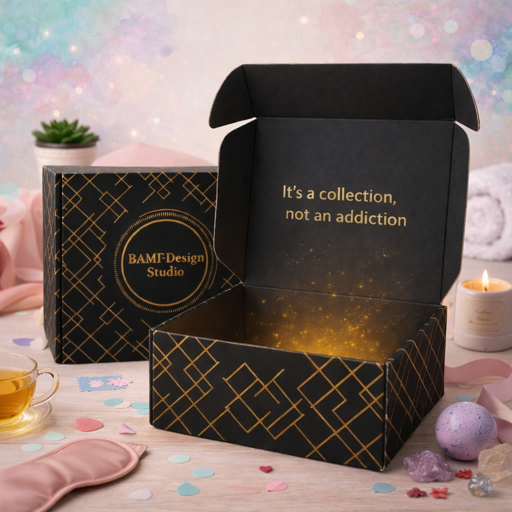 Black boxes with gold text on a decorative table with tea and bath bombs.