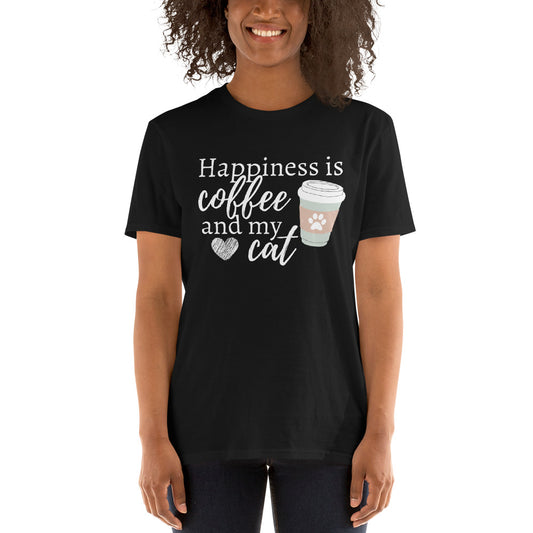 Coffee Lover, Cat Lover, Coffee Shirt, Cat Shirt, Happiness, Cute Shirt, Coffee Addict, Cat Mom, Short-Sleeve Unisex T-Shirt