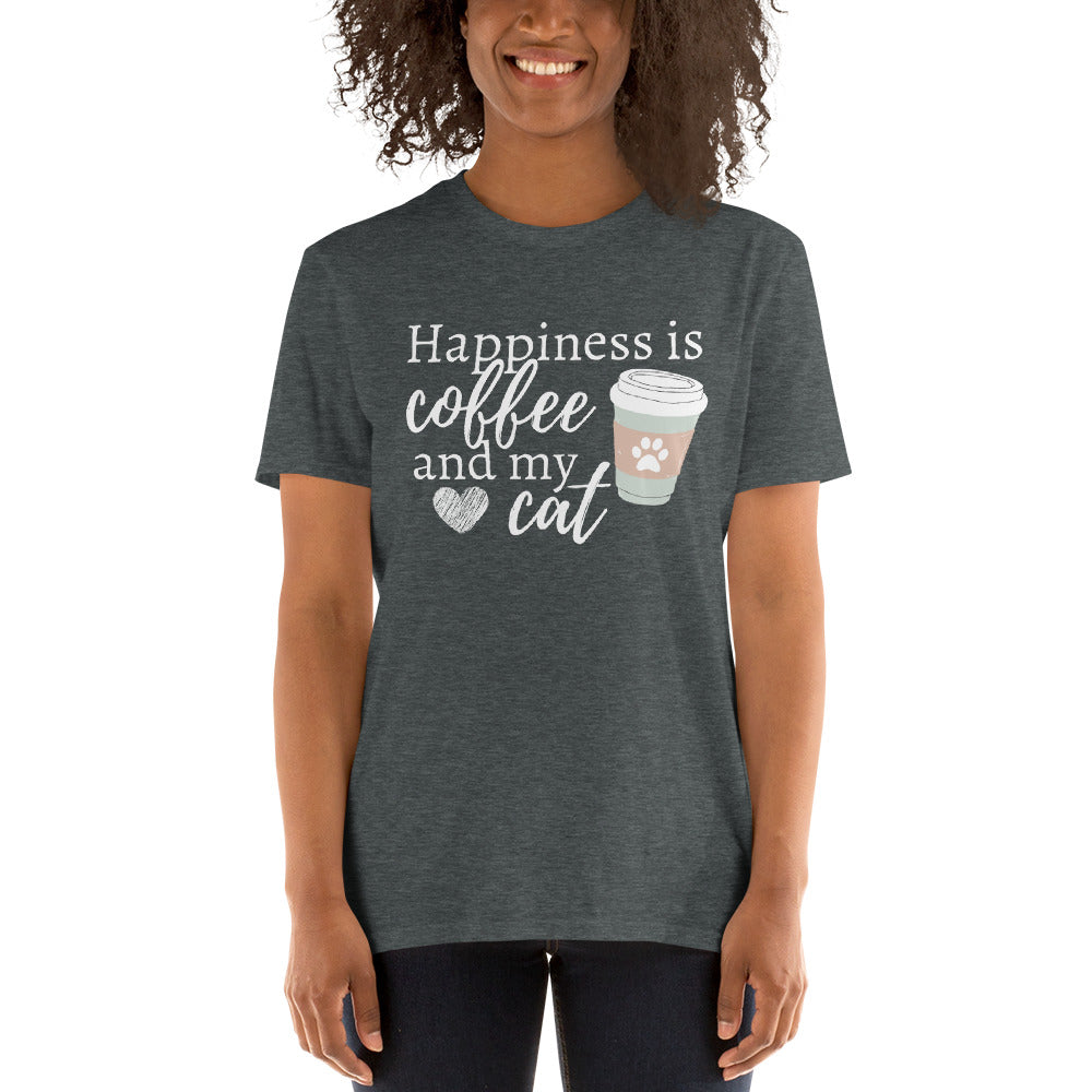 Coffee Lover, Cat Lover, Coffee Shirt, Cat Shirt, Happiness, Cute Shirt, Coffee Addict, Cat Mom, Short-Sleeve Unisex T-Shirt