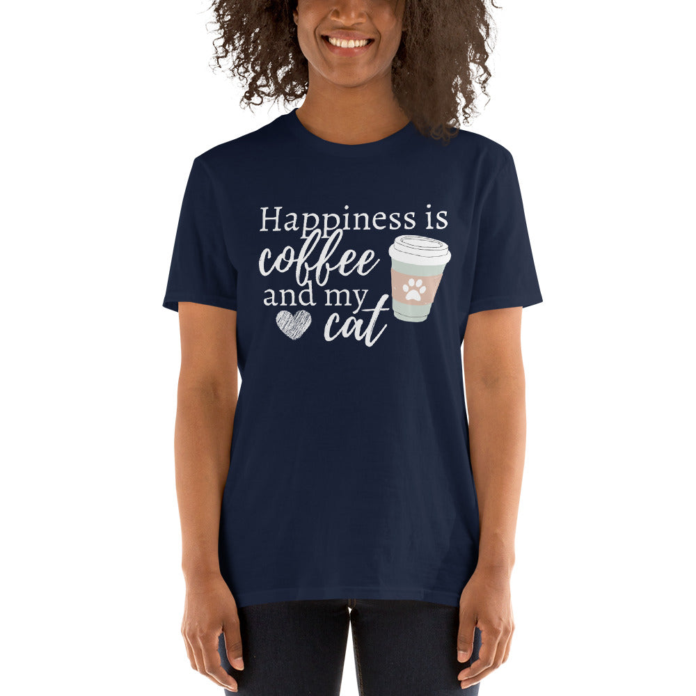 Coffee Lover, Cat Lover, Coffee Shirt, Cat Shirt, Happiness, Cute Shirt, Coffee Addict, Cat Mom, Short-Sleeve Unisex T-Shirt