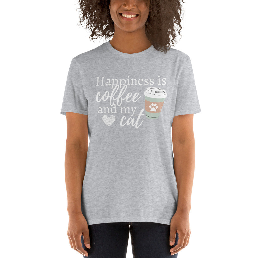 Coffee Lover, Cat Lover, Coffee Shirt, Cat Shirt, Happiness, Cute Shirt, Coffee Addict, Cat Mom, Short-Sleeve Unisex T-Shirt